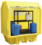 ROMOLD HARD COVERED BUND PALLET, 2 X 205LTR DRUMS, ALUMINIUM DOOR, 230LTR BUND WITH FREESTANDING SHELVING UNIT, YELLOW