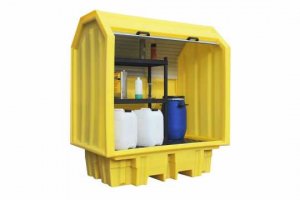 ROMOLD HARD COVERED BUND PALLET, 2 X 205LTR DRUMS, ALUMINIUM DOOR, 230LTR BUND WITH FREESTANDING SHELVING UNIT, YELLOW