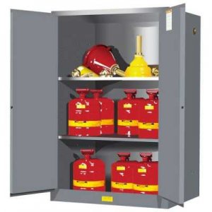 JUSTRITE 899003 FM APPROVED 90 GAL FLAMMABLE SAFETY CABINET WITH 2 SHELVES AND MANUAL CLOSE DOORS