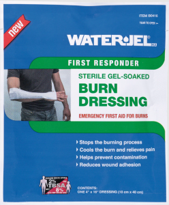 Water-Jel Burn Dressing, 4″ x 16″ , helps to relievs pain, cold burns and protect against contamination. Large enough to wrap around the leg, foot or forearm.