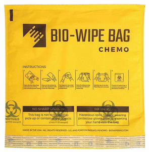 Chemo Waste Bags, 1-Gallon Capacity. 11.5″ x 12″H x -mil.; Yellow. Legend ‘CHEMO BIo-WIPE BAG’. Pk. of 25 Bags.