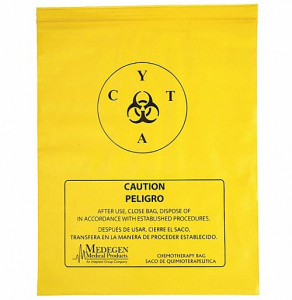 Chemo Waste Bags, 1-Gallon Capacity. 12″ x 15″H x 4-mil.; Yellow. Legend ‘CAUTION’. Pk. of 100 Bags