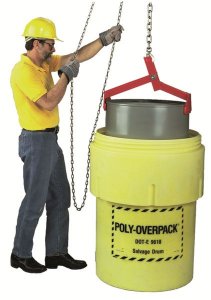 Salvage Drum Lifter. Convenient for fast and gentle loading of losed head steel 55-gallon drums into overpacks.
