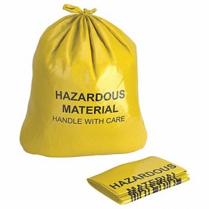 Hazardous Waste Bags, 10-Gallon Capacity. 17″ x 30″ x 4-mil. For the containment of heavy metal, toxic chemicals and infectious medical waste.