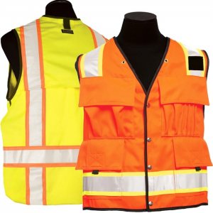 Kishigo Pro Series Class 2 Hi Vis Surveyors Safety Vest is made from 8-oz DuraTuff and 3.4 oz Ultra cool mesh. Vest is uequipped with a snap front closure. left mic holder and dual grommets. Includes 4-tier flap pockets with 6 division pocket & 2 div