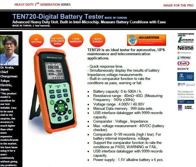 TEN720DIGITAL BATTERY CAPACITY IMPEDANCE TESTER (2nd generation) Malaysia Top Measuring